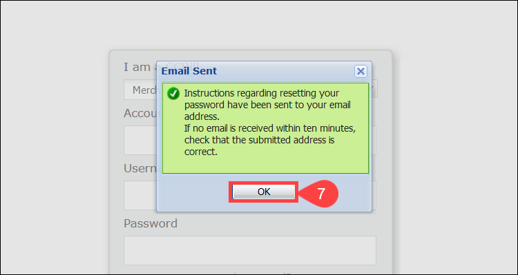 Email Sent message pops up when resetting the CCBill Admin password.
