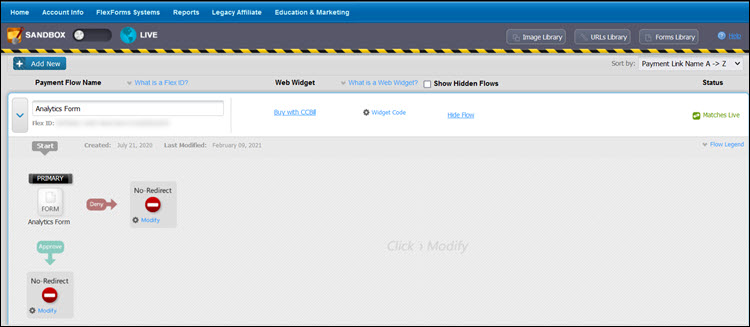 An overview of the Payment Flows menu in the CCBill Admin.