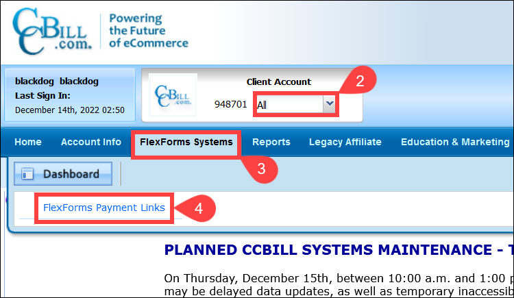 Steps to access the FlexForms system in the CCBill Admin.