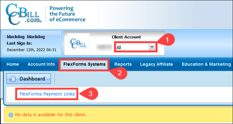 Access the FlexForms menu in the CCBill Admin.