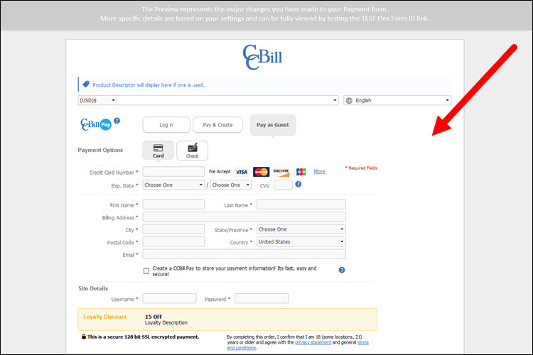 FlexForms payment form example.