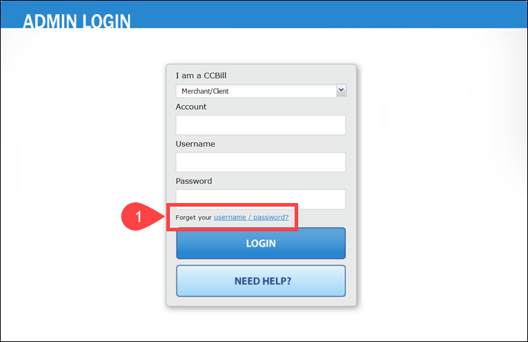 The link for resetting the CCBill Admin password.