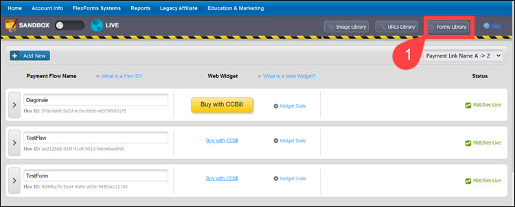 Access the Forms Library menu in FlexForms.