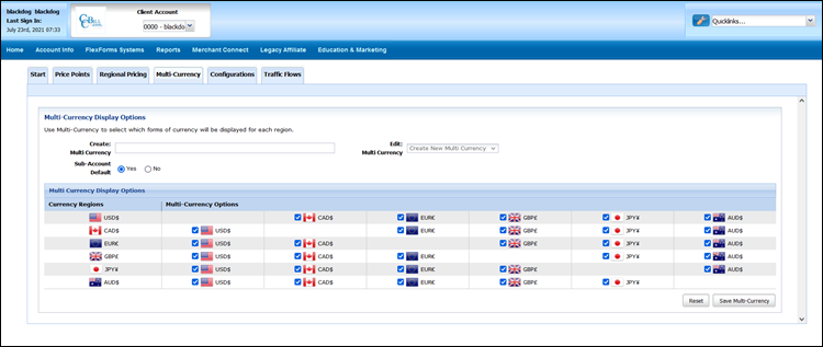 The multi-currency tab in the Traffic Manager feature.