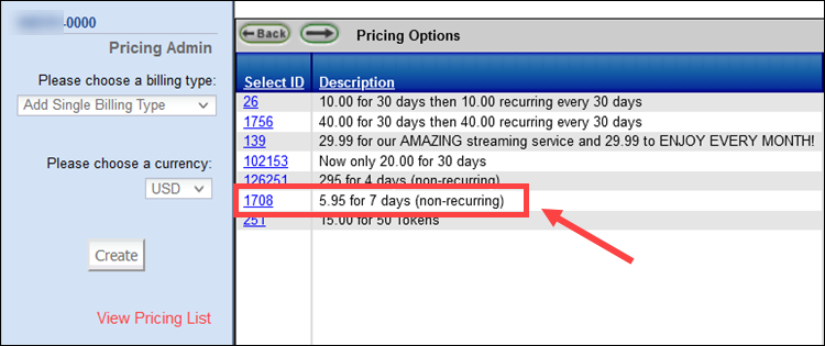 Non-recurring pricing option in CCBill pricing admin.