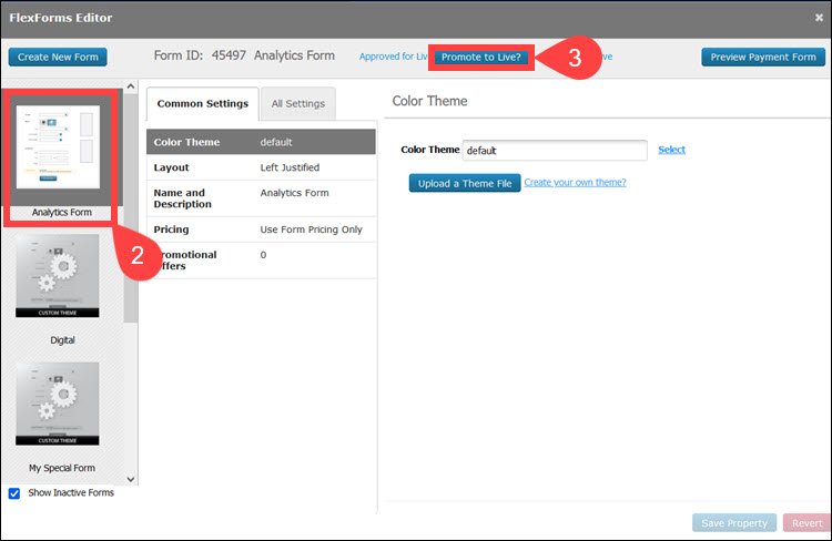Promote payment form to Live in FlexForms.