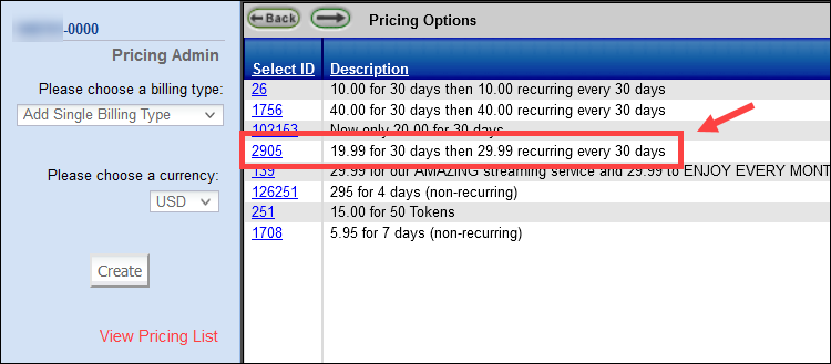 Recurring price in CCBill pricing admin. 