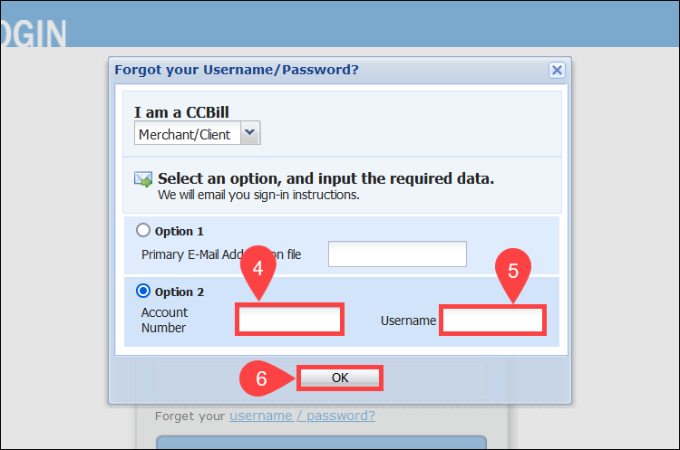 Enter account number and username to reset CCBill Admin password.