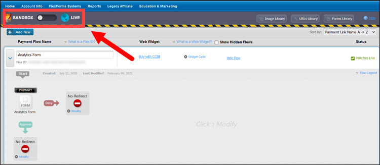 Toggle between SandBox and Live in the FlexForms menu.