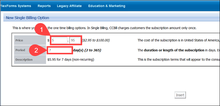 Create single billing option in CCBill Admin.