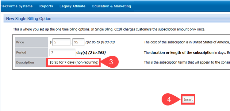 Single billing price description in CCBill Admin.