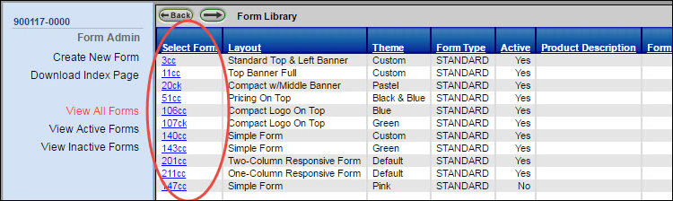 A list of custom SnapChat forms in the CCBill Admin.