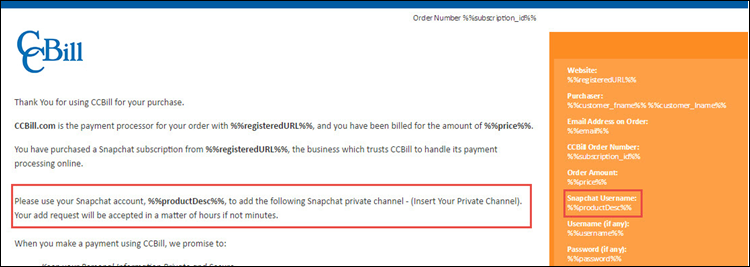 Add SnapChat username parameter to CCBill approval email.