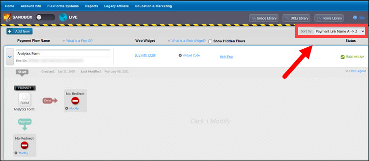 Sort payment flows in the FlexForms menu.