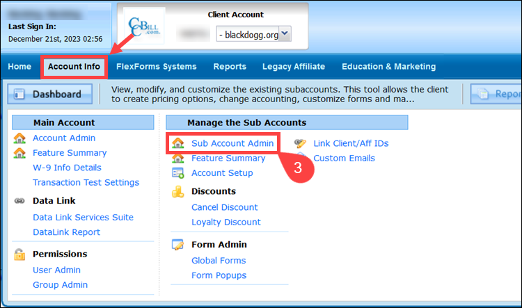 Select Sub Account Admin in CCBill Dashboard.