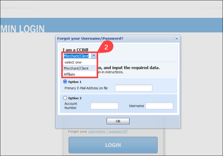 Select user type for the CCBill Admin password reset.
