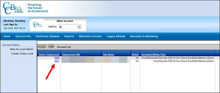 The View Subaccount List in CCBill's Admin.