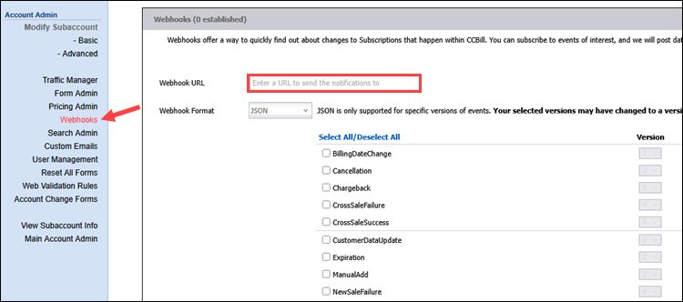 Activating Webhooks in the Admin.