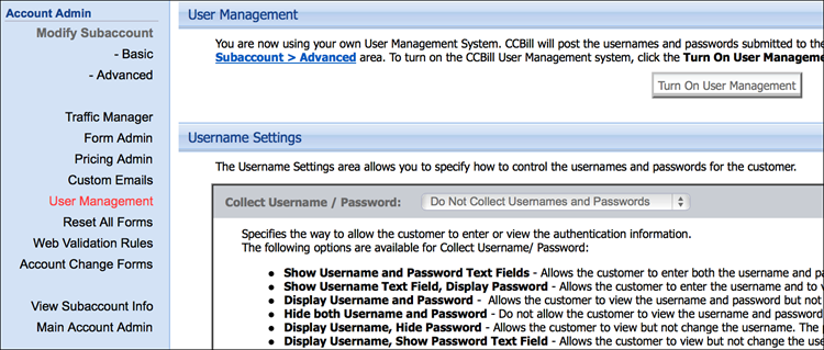 Disabling CCBill user management.