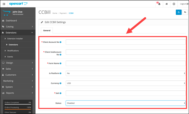 CCBill module configuration fields in OpenCart.