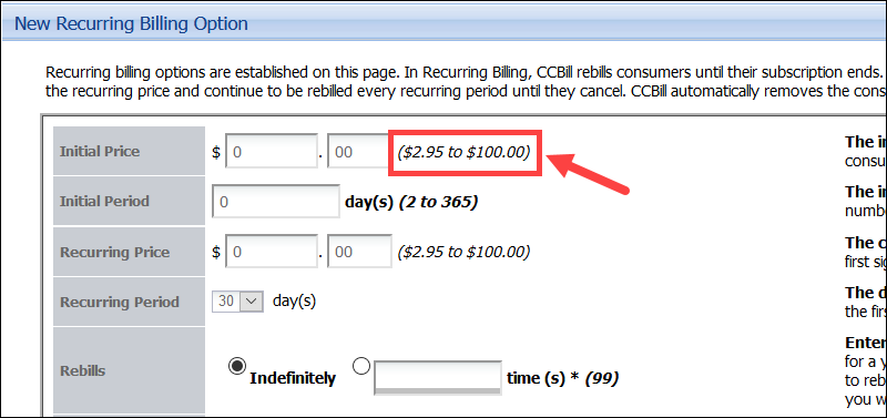 New recurring billing option initial price step