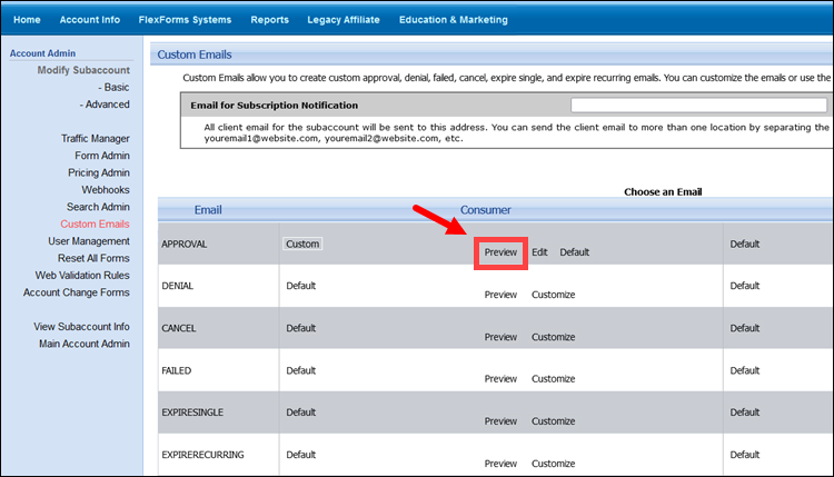 Preview custom emails in the CCBill Admin.