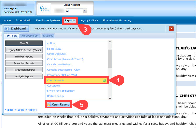 Steps to access the Reports System in the CCBill Admin.