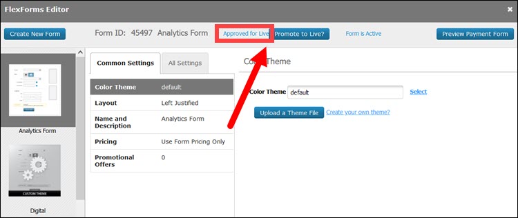 Check if FlexForms payment form is approved for Live.