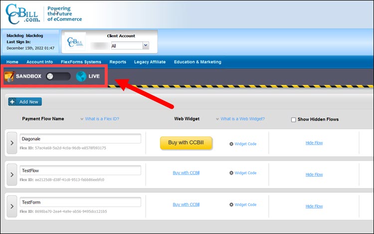 Live or Sandbox toggle switch in CCBill FlexForms.