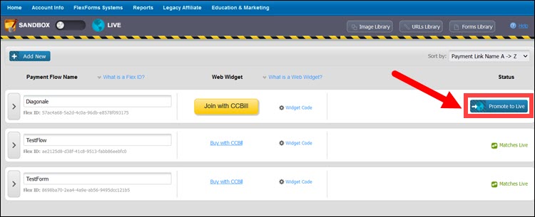 Promote FlexForms payment flow to Live in CCBill Admin.