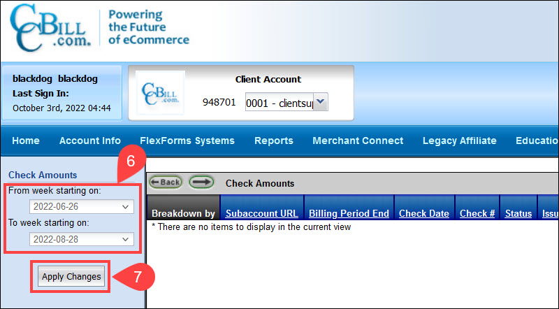 Select date range for Check Amounts report for specific subaccount.