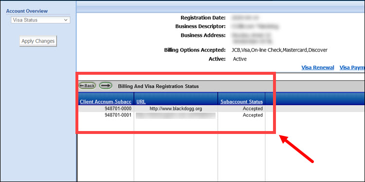 The Visa Registration status in the Account Overview Report.