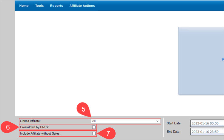 Set search parameters for the Transaction report for affiliates in the CCBill Admin.