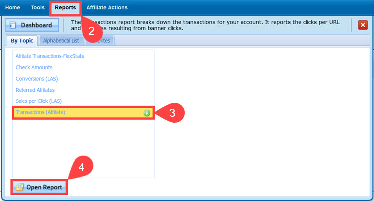 Steps to access the Transactions report for affiliates in the CCBill Admin.