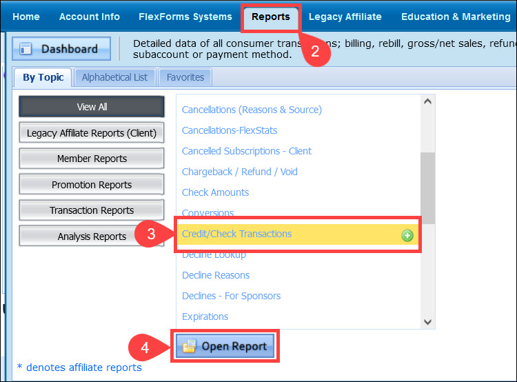 Access the Credit/Check Transactions report in the CCBill Admin. 