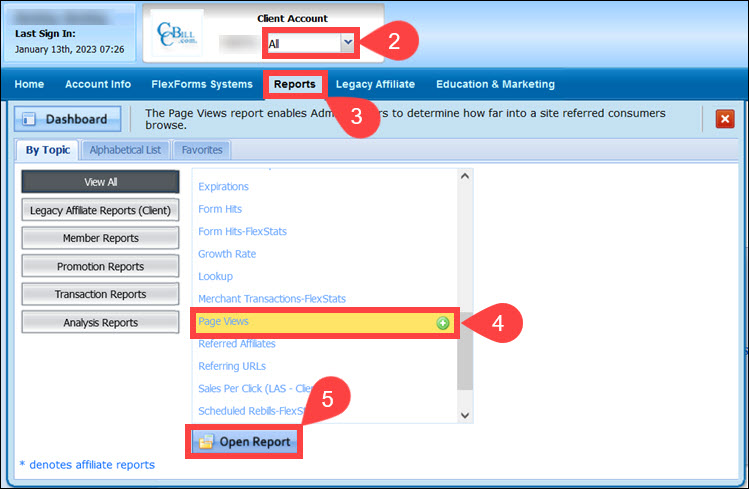 Steps to access the Page Views report in the CCBill Admin.