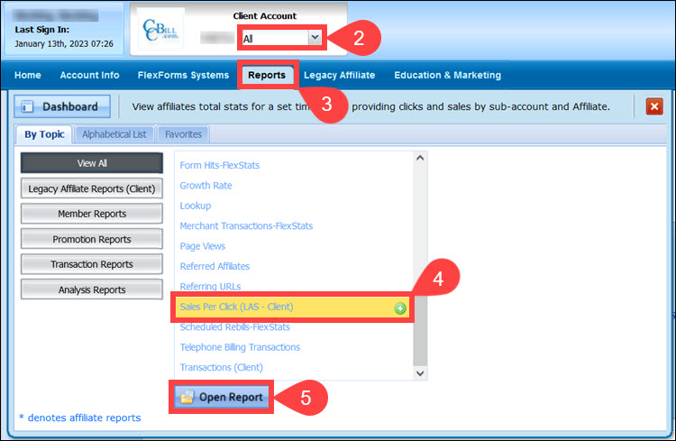 Steps to access the Sales Per Click report in the CCBill Admin.