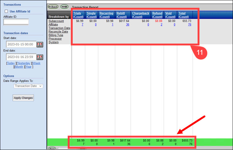 Data columns in the Transactions Client report.