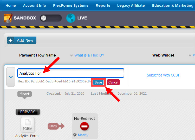 Enter payment flow name in FlexForms dashboard.