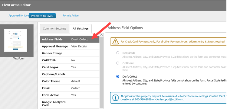 Adding or removing the address field on a FlexForms payment form.