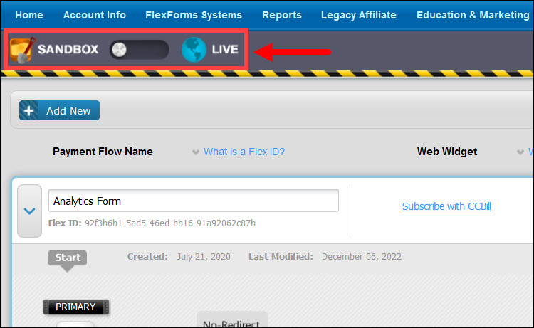 Toggle between Sandbox and Live environments in the FlexForms dashboard.
