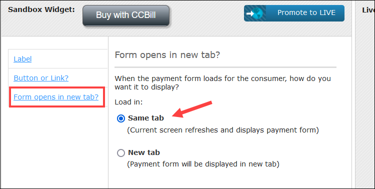 Open FlexForms payment form in new tab.