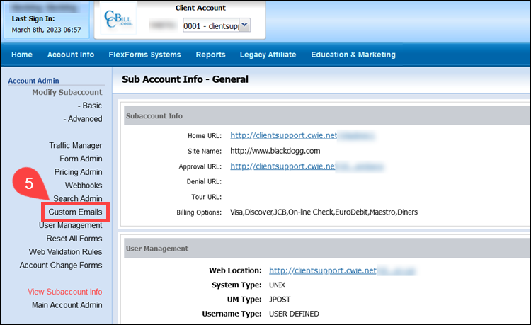 Custom Emails feature in the CCBill subaccount Admin.