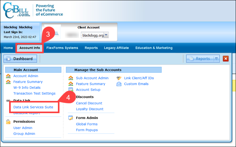 Access the Datalink menu in the CCBill Admin.