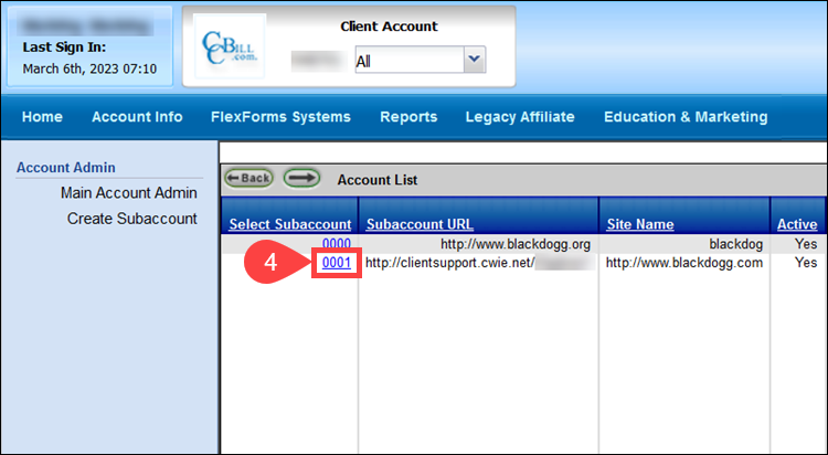 Select subaccount for customizing emails in CCBill Admin.