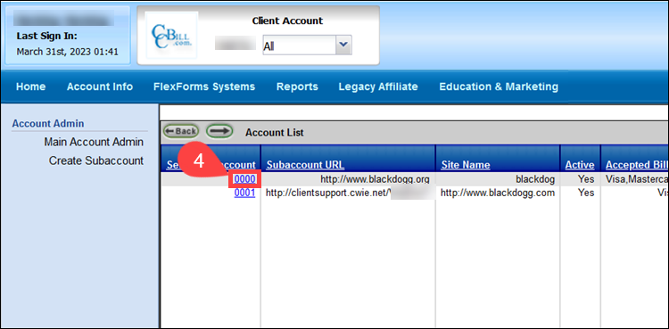Select subaccount for salt key in CCBill Admin.