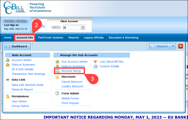 Steps to create a new subaccount in the CCBill Admin.