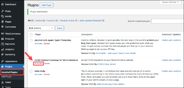 Activate CCBill WooCommerce plugin.
