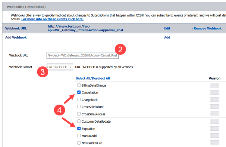 Cancellation Webhook for WooCommerce in CCBill Admin.