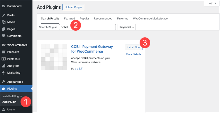 Installing the CCBill WooCommerce module in WordPress.